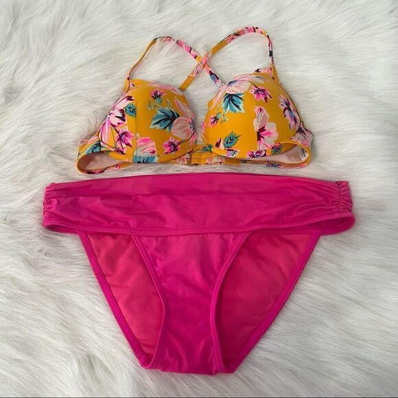 Shade & Shore/VS Pink and Yellow Tropical print bikini - 34C/S‎ - Picture 3 of 15